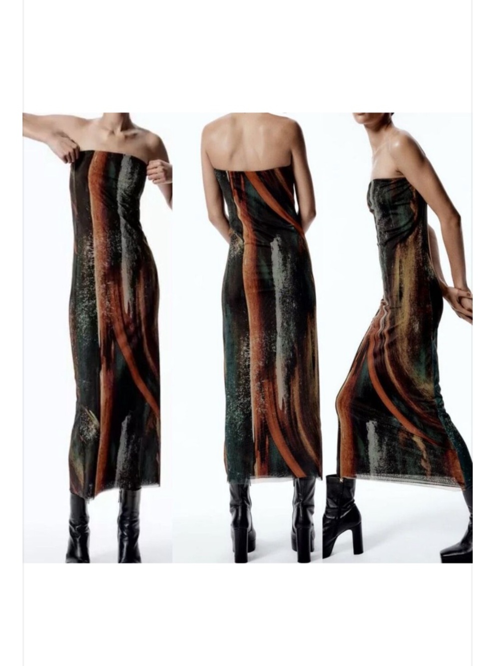 ZARA • Tulle Strapless Abstract-Print Midi Dress - Picture 1 of 12